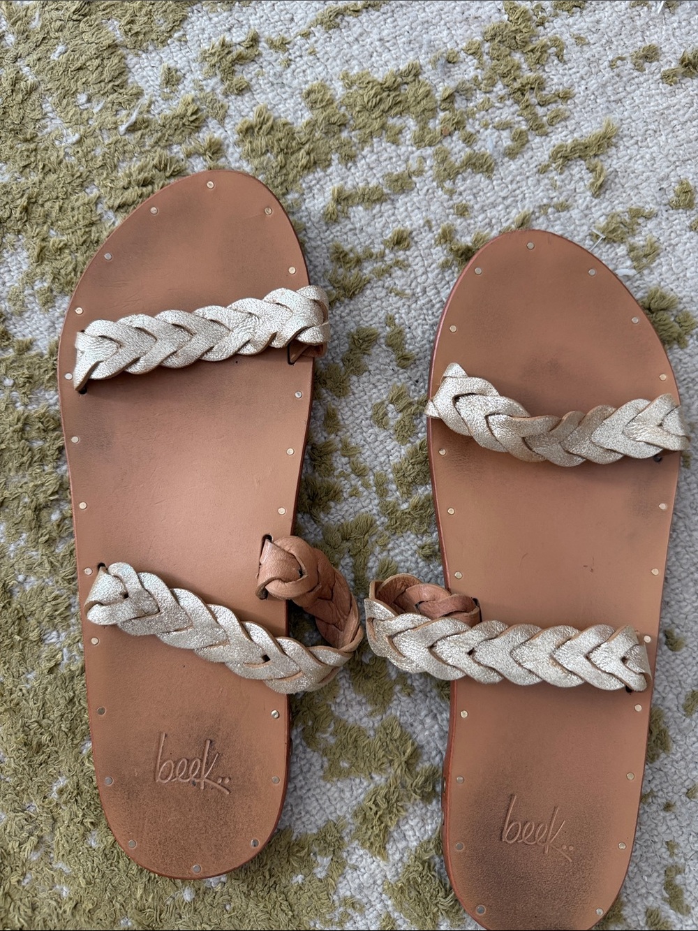 beek Woven Metallic Gold and Brown Double-Strap Slide Sandals